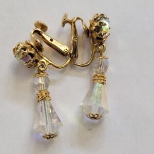 Vintage Clip Ons Signed Vendome Crystal Dangle Aurora Earrings